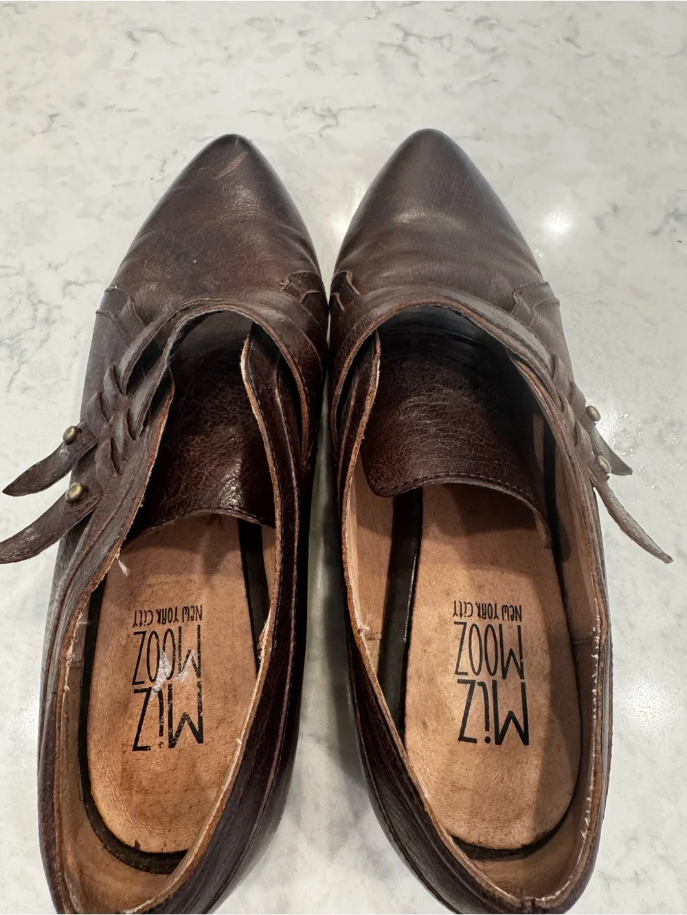 Miz Mooz Lorelle Brown Leather Pointed Toe Monk Strap Flats 8 / 38.5